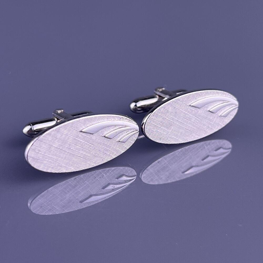 Oval Simple Cufflinks Silver Tone Florentine Brushed Finish Swank Vintage